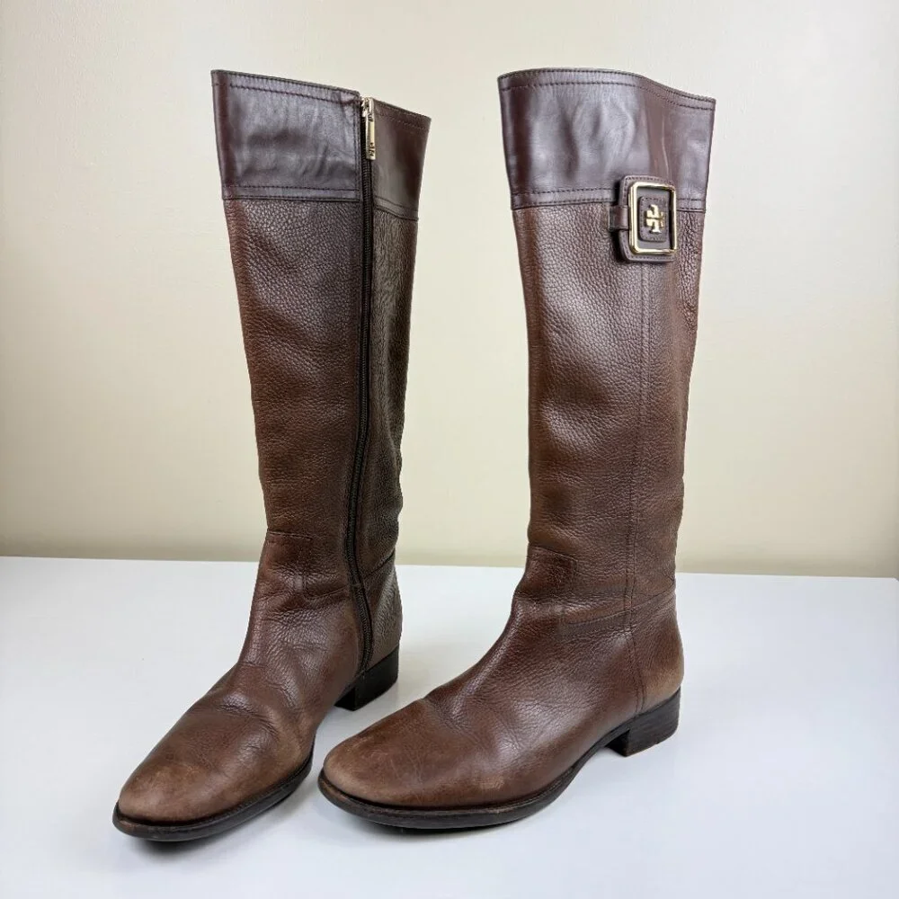 Tory Burch Julian Brown Pebbled Leather Tall Riding Boots - Picture 1 of 15